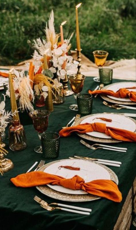 Fall Color Table Setting, Burnt Orange And Green Table Decor, Dark Green And Rust Orange Wedding, Orange And Green Event Decor, Rustic Orange And Forest Green Wedding, Terracotta And Pine Green Wedding, Green And Orange Wedding Table Decor, Emerald Green Fall Decor, Green And Rust Table Setting