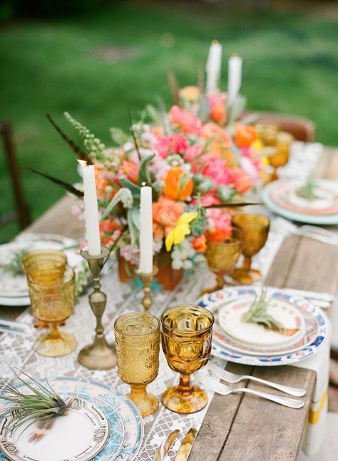 Mismatched Table Setting, Ojai Wedding, Mismatched Plates, Thanksgiving Flowers, Mismatched China, Thanksgiving Color, Colored Glassware, Thanksgiving Tablescapes, Bridal Musings