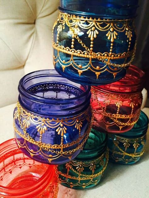 Moroccan jars Indian Candles, Mason Jar Lantern, Boho Lanterns, Gold Henna, Gold Mason Jars, Mason Jar Lanterns, Moroccan Home Decor, Blue Mason Jars, Jar Lanterns