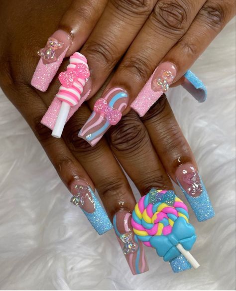 Cotton Candy Acrylic Nails, Candy Charms Nails, Candy Land Nails Designs, Candy Kawaii Nails, Candy Gel Nails, 3d Candy Nails, Candy Land Nails Acrylic, Candy Junk Nails, Candy Nails Designs 3d