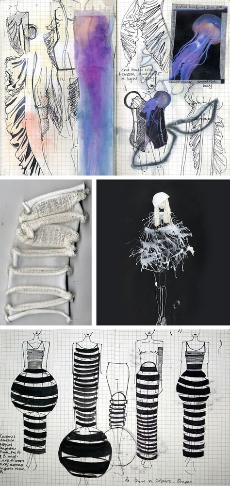 http://www.studentartguide.com/articles/fashion-design-sketchbooks Jellyfish Inspired Fashion Illustration, Process Book Fashion, Jellyfish Fashion Design, Fashion Process Book, Moodboard Sketchbook, Art Costumes, Fashion Design Process, Process Book, Fashion Sketchbook Inspiration