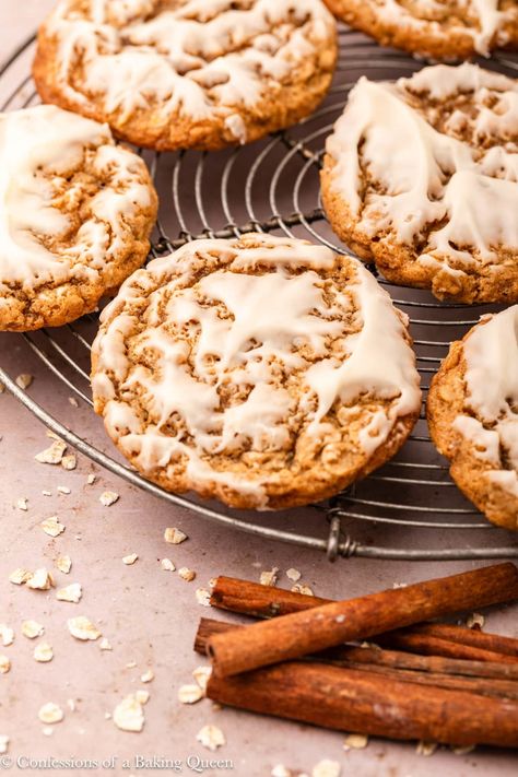 Soft And Chewy Frosted Oatmeal Cookies Recipe - Confessions of a Baking Queen Oatmeal Cookies With Frosting, Cookies With Frosting, Fall Favorites Recipes, Oatmeal Cookies Easy, Iced Oatmeal Cookies, Sweet Glaze, Oatmeal Cookies Chewy, Oatmeal Cookie Recipes, Summer Dessert Recipes