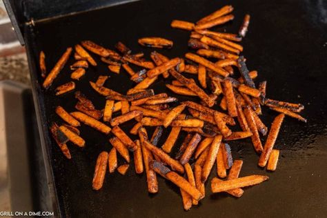 Blackstone Sweet Potato Fries - grillonadime.com Recipes Sweet Potato, Frozen Fries, Frozen Sweet Potato Fries, Burger Chicken, Recipes Sweet, Potato Fries, Sweet Potato Fries, Perfect Side Dish, Steak Recipes