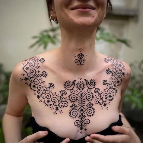 Rajasthani Tattoo, Folk Chest Tattoo, Quirky Tattoos For Women, Eastern European Tattoos, Folk Art Chest Tattoo, Norwegian Flower Tattoo, Ornamental Face Tattoo, Slavic Ornament Tattoo, Ornament Chest Tattoo