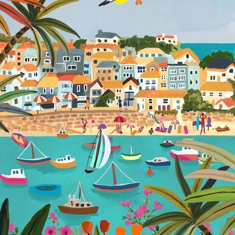 City Canvas Art, St Ives Cornwall, Mountain City, Colorful Mountains, Art Birthday, Travel Illustration, Landscape Poster, St Ives, Christmas Window