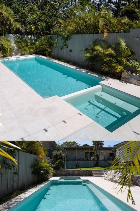 The perfect combination of white tiles and warm blue water creates a 'resort-style' feel in this backyard situated in Sydney's Northern Beaches. This multi-purpose, 🥇 award-winning pool features safety ledges and shallow water, making it suitable for kids and a lounge/ entertainment area created for adult enjoyment. If this stunning dream pool inspires you, then contact us on 📱 02 9875 4555 or 📩 sales@crystalpools.com.au and start making your dreams come true. Swimming Pool Designs Outdoor, Pool And Spa Design Backyards, Tiny Pool Ideas, House Pools, Pool Architecture, Playground Kids, Pool Features, Swimming Pool Architecture, Pool Remodel