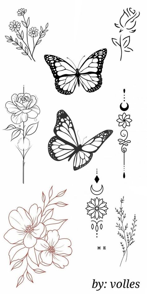 Tato Henna, Flash Tattoo Designs, Tatuaje A Color, Tattoo Stencil Outline, Small Hand Tattoos, Butterflies And Flowers, Flowers And Butterflies, Tattoo Flash Art, Tattoo Outline