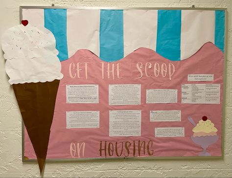 Ice-cream themed bulletin board for housing selection #bulletinboardideas #residential #college Get The Scoop Bulletin Board, Ice Cream Themed Bulletin Board, Ice Cream Bulletin Board Ideas, Ice Cream Bulletin Board, Residence Life Bulletin Boards, Res Life Bulletin Boards, Ra Board Ideas, College Bulletin Boards, Ra Themes