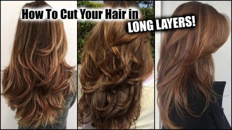 Easy Layered Haircuts Diy, Layers At Home Hair Haircuts, How To Do Butterfly Haircut Long Hair, Layering Hair Diy At Home, Diy Long Shag Haircut Tutorial, How To Cut Your Hair In Layers, Cut Long Layers At Home, How To Cut Your Own Hair In Layers Long, Diy Haircut Layers Medium