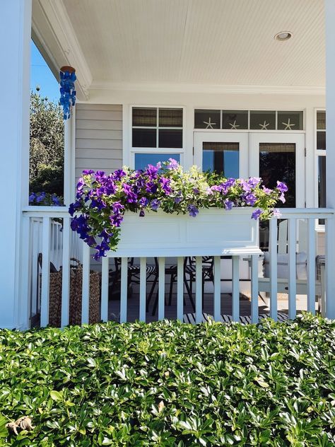 Our Railing Planter Boxes - Curb Appeal - The Inspired Room Flower Boxes For Railings, Railing Flower Boxes, Modern Front Porch Decor, Railing Planter Boxes, Diy Cedar Planter Box, Deck Railing Planters, Deck Planters, Porch Flowers, Railing Planters