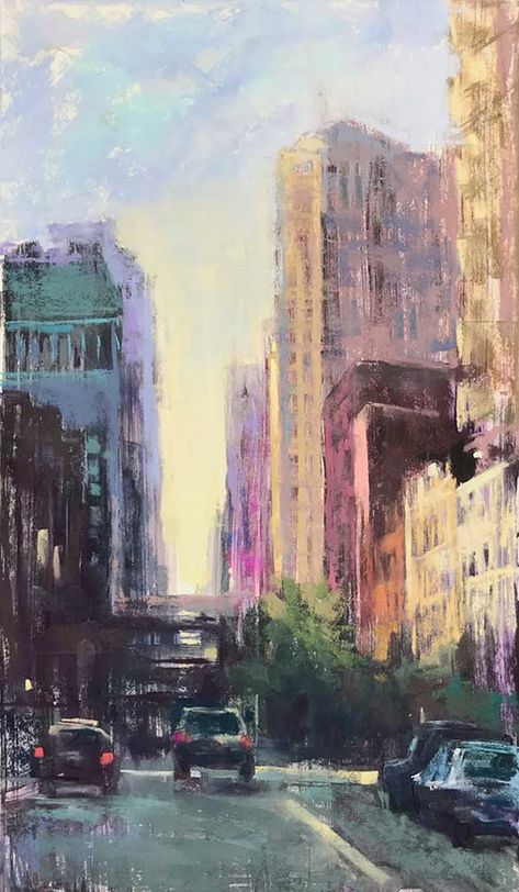 Pastel artist Nancie King Mertz works from photo references and from life en plein air. Known for her cityscapes of Chicago, here she explains... Pastel Cityscape, Vine Charcoal, Pastel Paint, Pastel Landscape, City Scene, Cityscape Painting, Color Harmony, Painting Videos, Pastel Painting