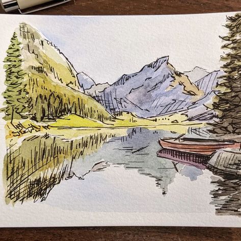 Black Pen And Watercolor Art, Watercolor Black Pen Art, Impressionist Art Watercolor, Watercolor And Pen Drawing, Pen Drawing With Watercolor, Drawing A Landscape, Ink And Wash Landscape, Watercolour And Ink Landscape, Watercolor Landscape Illustration