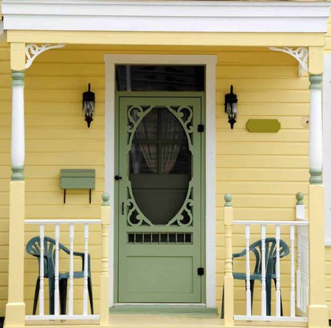 Yellow House Front Door, House Doors Colors, Sage Green House, Yellow House Exterior, Yellow Front Door, Best Front Door Colors, Pink Front Door, The Color Yellow, Best Front Doors