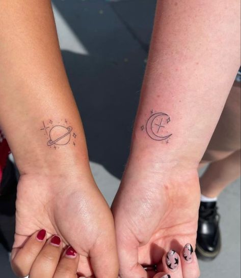 Moon And Saturn Matching Tattoo, Matching Planet Tattoos, Matching Tattoo Quotes, Moon And Saturn Tattoo Taylor Swift Matching, To The Moon And To Saturn Tattoo, Moon And To Saturn Tattoo, Saturn And Moon Tattoo, Moon Saturn Tattoo, Moon And Saturn