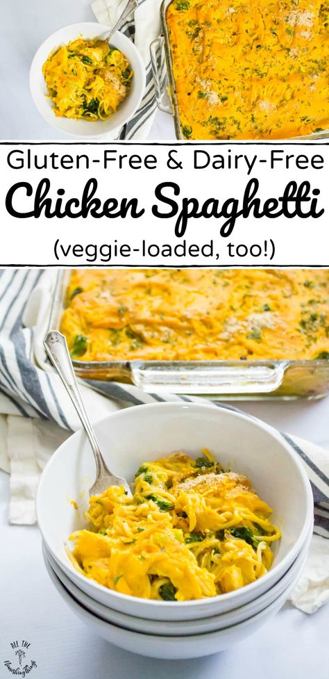 This creamy gluten-free and dairy-free chicken spaghetti recipe is veggie-loaded and great for meal prep and leftovers. It's the chicken spaghetti you remember from childhood but healthy-fied and made allergy-friendly! #allthenourishingthings #glutenfree #dairyfree #chickenspaghetti #mealprep #casserole #comfortfood #healthy Chicken Spaghetti Recipe, Dairy Free Recipes Dinner, Comfort Food Chicken, Gluten Free Spaghetti, Chicken Spaghetti Recipes, Leftover Chicken Recipes, Cookies Gluten Free, Dairy Free Dinner, Healthy Comfort