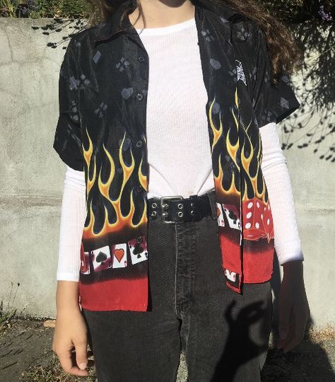 Flame & dice button up🔥🎲 Thrifted & vintage outfit inspo 70s 90s Retro Button Tops For Streetwear, Outfits With Button Up Shirts, Funky Button Ups, Outfit Inspo 70s, Retro Button-up Streetwear Shirt, Shirts Grunge, Flame Button Up Shirt, Retro Button-up Flannel Shirt, Button Up Shirt Outfit