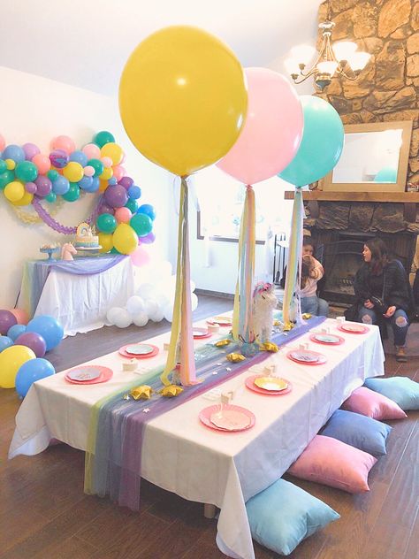 Unicorn Party Table Set Up, Birthday Party Activity Table, Pastel Party Table Decor, Pastel Tablescape Birthday, Pastel Birthday Table Setting, Pastel Table Setting Birthday Parties, Diy Pastel Birthday Decor, Morning Birthday Party Snacks, Pastel Rainbow Bday Party