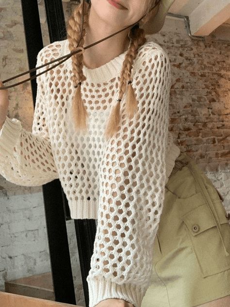 Details Occasion: Casual Category: Tops Composition: 95% Polyester, 5% Spandex Sheer: Semi Sheer Color: Black, Green, White, Orange Knit Y2k, Knit Clothes, Loose Crop Top, White Crochet Top, Street Y2k, Trim Design, Y2k Long Sleeve, Sleeve Crochet, Korean Casual Outfits