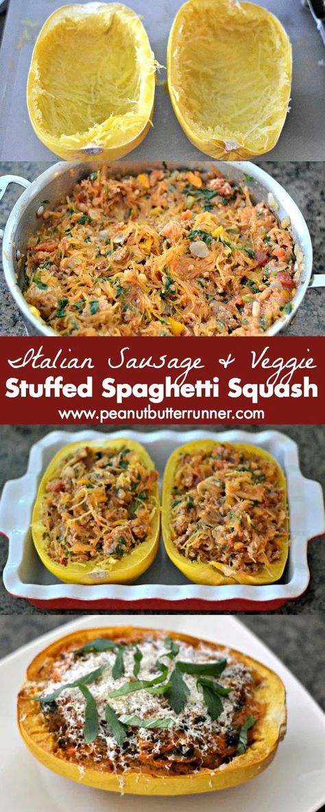 Italian Sausage And Veggies, Spaghetti Squash Stuffed, Italian Spaghetti Squash, Sausage And Spaghetti Squash, Spaghetti Dishes, Sausage And Veggies, Stuffed Spaghetti Squash, Cauliflower Tots, Lunch Club