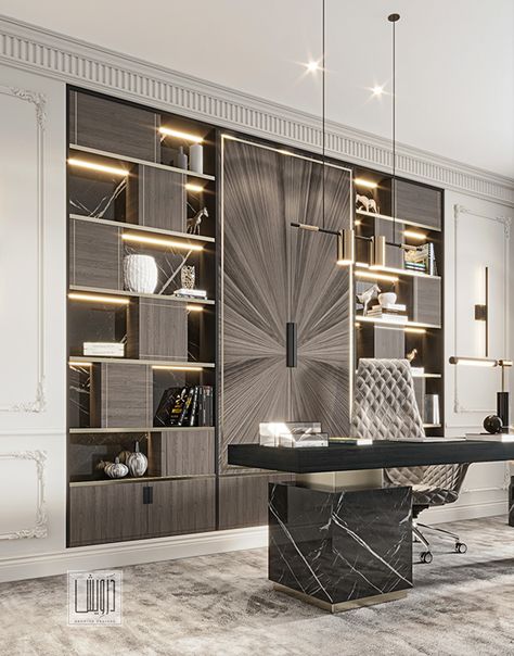 Luxury home office design Luxury Lawyer Office, Luxury Office Desk Design, Home Office Luxury Design, Luxury Office Decor, Library Office Design, Modern Luxury Home Office, Luxury Office Interior Modern, Luxury Modern Office Design, Interior Design Showroom Ideas