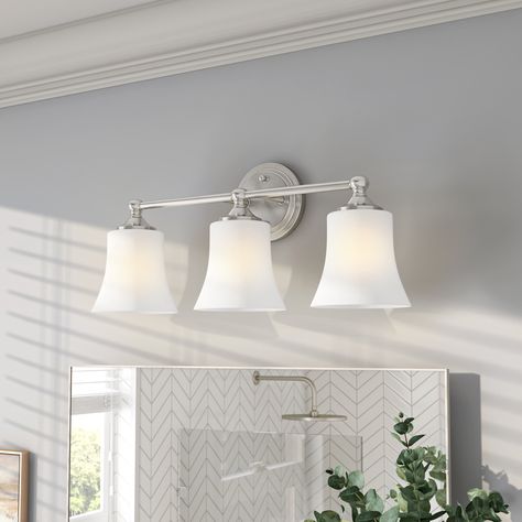 Lark Manor Alies 3-Light Dimmable Vanity Light & Reviews | Wayfair Bathroom Fixtures Brushed Nickel, Brushed Nickel Bathroom Lighting, Bronze Vanity Lighting, Nickel Bathroom, Vanity Light Bar, Brushed Nickel Bathroom, Traditional Vanity, Light Fixtures Bathroom Vanity, Vanity Light Fixtures