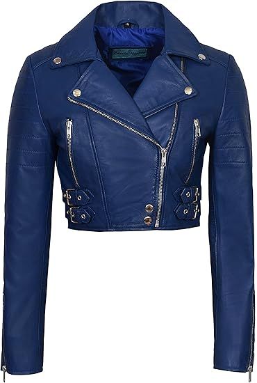 Ladies Short Body Leather Jacket Blue Slim Fit Short Biker Style Lambskin 5625 at Amazon Women's Coats Shop Short Biker, Ladies Short, Slim Fit Shorts, Biker Style, Women's Coats, Amazon Women, Chic Outfits, Timeless Fashion, Coats For Women