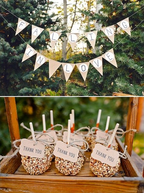 burlap falling in love banner and carmel apple thank you gifts Apple Wedding Favors, Michigan Fall, Apple Wedding, Love Banner, Wedding Treats, Wedding Favors Fall, Fall Wedding Ideas, Wedding Inspiration Fall, September Wedding