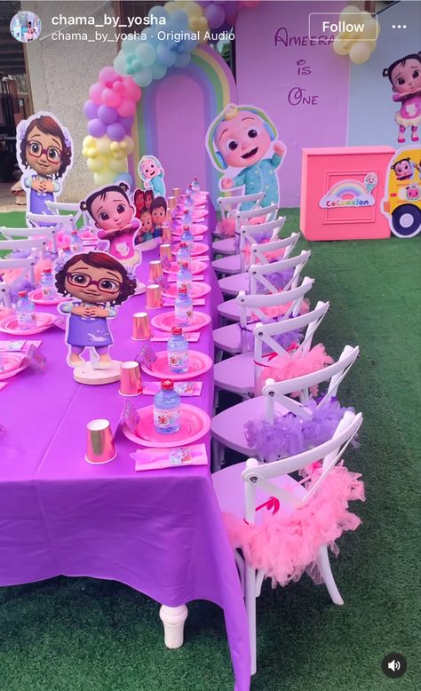 Pink Cocomelon Party, Cocomelon Pastel Theme Party, Coco Melon Girl Party, Cocomelon Party Ideas 1st Birthday, Cocomelon Centerpieces Girl, Coco Melon 2nd Birthday Party Girl, Coco Melon Party, Cocomelon Theme Party, Cocomelon Party Ideas For Girl 1st