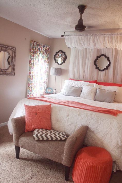 curtain canopy, coral, white comforter, grey & chevron bedroom Curtain Canopy, Coral Room, Coral Bedroom, Chevron Bedroom, Teen Rooms, Canopy Curtains, Garden Seat, White Comforter, Ideas Hogar