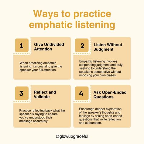 🌟 Strengthen your friendships with the power of active listening! 💖 To be a great listener and deepen your bonds: Fully engage in conversations, resisting the urge to interrupt or jump in with advice. Show empathy by acknowledging their feelings and experiences, validating their emotions. By actively listening, you create a safe and supportive space for your friends, fostering trust and understanding. Be the compassionate presence your friends need by truly hearing and understanding them. Let... Listen To Your Emotions, Listen To Understand, Resisting The Urge, Team Collaboration, Relationship Psychology, Active Listening, Good Listener, Learning And Development, Digital Tools