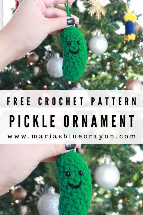 Crochet this pickle ornament and start a new tradition with your family this year! First person to spot the pickle Christmas morning gets a reward! #crochet #pickle #pattern #ornament Crochet Holidays Pattern Free, Christmas Pickle Crochet Pattern, Crochet Christmas Pickle Ornament, Pickles Crochet Pattern Free, Crochet Pickle Ornament, Pickle Pattern Crochet, Crochet Christmas Pickle Free Pattern, Crochet First Christmas Ornament, Crocheted Pickle Pattern