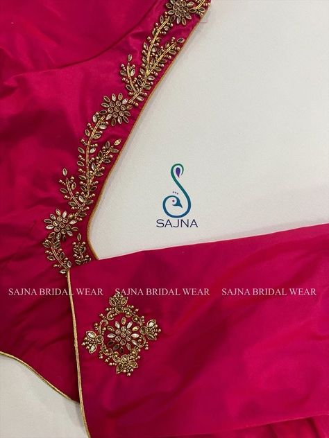 Simple Aari Design For Sleeves, Lehanga Maggam Work Designs, Zardosi Work Blouse Weddings, Simple Zardosi Work Blouses, Aari Work Blouse Wedding Simple, Zardosi Embroidery Blouse, Simple Aari Work Blouse Design, Simple Aari Work, Pink Blouse Designs