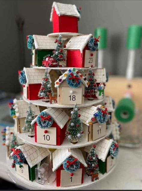 Wooden House Advent Calendar, Unconventional Christmas Trees, Christmas Building, Advent Calendar House, Advent House, Christmas Diy Kids, Christmas Advent Calendar Diy, Wooden Advent Calendar, Hobby Lobby Christmas