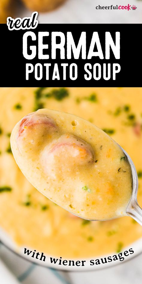 Hungarian Potato Soup, Crockpot Potato Sausage Soup, German Potatoes Recipes, German Potato Soup Recipe, German Sausage Soup, German Potato Soup With Sausage, Hot Dog Soup Recipes, German Crockpot Recipes, German Winter Food