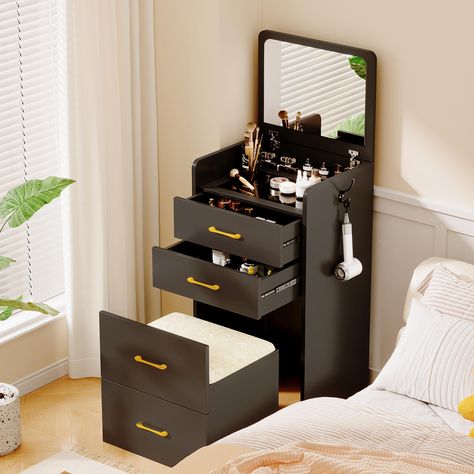 PRICES MAY VARY. 【Modern 3 in 1 Versatile Desk】 - Vanity, nightstand and bench are combined into a nightstand-style vanity all in one, this design can be more space-saving, so that your bedroom looks more comfortable and neat 【Dressing Table with 90°Folding Mirror】A flip top mirror on the desk top can be 90° foldable for convenience of use. It can not only be used as a dressing table, but also as a bedside table. When you don’t use the mirror, just fold it down. 【Small but Ample Storage】- This v Small Tables For Bedroom, Foldable Dressing Table, Small Makeup Vanity Ideas Bedrooms, Vanity Corner Ideas, Small Makeup Desk, Small Vanity Ideas, Small Vanity Ideas Bedroom, Foldable Vanity, Small Bedroom Vanity