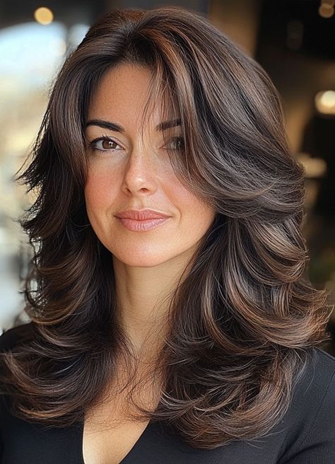 Rich Chocolate Butterfly Layers, Layered Haircut for Women Over 40 Mixed Layers Haircut, Haircut Inspo For Medium Length Hair, Layer Haircut For Medium Hair Wavy, Butterfly Layers Dark Brown Hair, Shirt Butterfly Haircut, Butterfly Shoulder Length Hair, Cascading Layers Medium, Deep Layer Haircut For Medium Hair, Haircut Women Layers