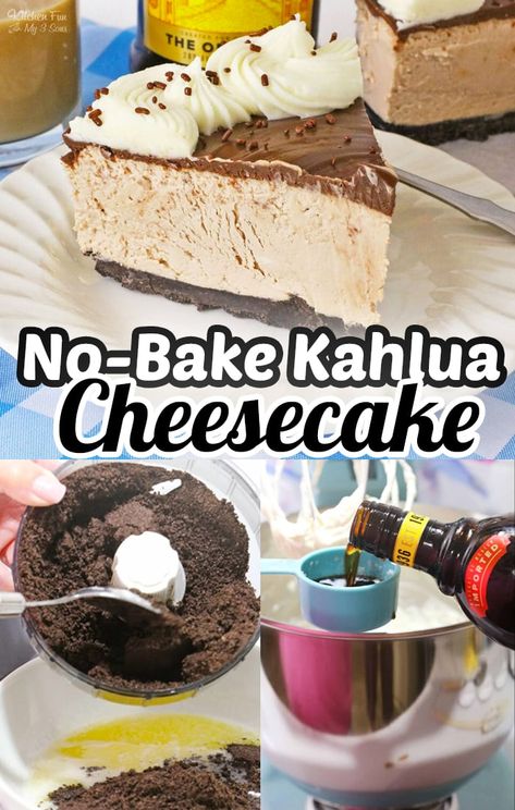 This rich and creamy Kahlua Cheesecake is the perfect dessert for any occasion! The coffee liqueur gives the cheesecake a delicious flavor that is balanced by the sweetness. The chocolate ganache top is the perfect finishing touch to this decadent no bake cheesecake! #recipes #dessert Bake Cheesecake Recipes, No Bake Cheesecake Recipes, Kahlua Cheesecake, Fall Cheesecake, Homemade Whipped Cream Recipe, Easy No Bake Cheesecake, Coffee Cheesecake, Coffee Liqueur, Boozy Desserts