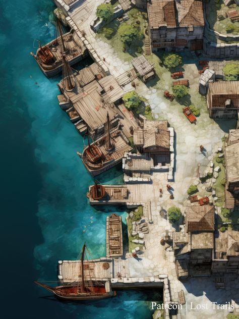 A small harbor and dock bordering a sea. Pirate Harbor, Dnd Harbor Map, Dnd Port Map, Pirate Port, Medieval Harbor, D&d Pirate, Sea Map, Harbor City, Shanty Town