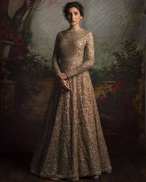 Heavy gold and dirty pink anarkali gown for bride's Reception or Engagement - Sabyasachi 2016 Indian Things, Sabyasachi Bridal, Reception Outfits, Reception Gowns, Asian Dresses, Engagement Gowns, Indian Wedding Gowns, Reception Outfit, Reception Gown