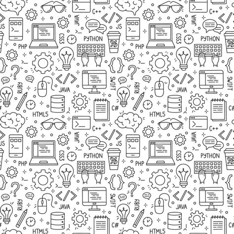 Programming and developers vector seamless pattern. Internet and coding black linear print with computer languages Computer Coding Images, Programming Art Design, Programming Languages Wallpaper, Programming Doodle, Coding Background Wallpaper, Computer Design Background, Computer Programming Wallpaper, Ict Background Design, Programming Logo Design