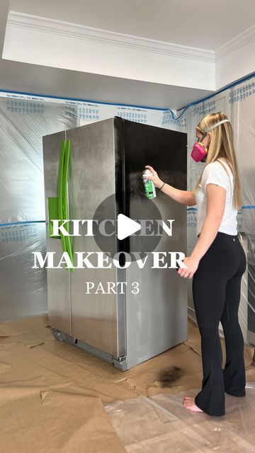 Sammie | diy & furniture flips on Instagram: "Painting my FRIDGE?! 🤯 7-Day Kitchen Makeover FINAL PART 🙌🏻 #ad   This refrigerator came with our house when we bought it, but had lots of little rust spots and scratches. New appliances are expensive, so I opted for the @rustoleum appliance paint to give it a refresh until we save up for a new one.    It turned out WAY better than I expected, and would be the perfect way to refresh even a thrifted fridge 🙌🏻 Would you ever try this?!   Comment “KITCHEN” for a full product list, or head to the link in my bio!   #diy #RustoleumPartner #upcycle #diyhack #homehack #kitchenmakeover" Can You Paint A Refrigerator, Spray Paint Refrigerator, Painting A Fridge Diy, Refrigerator Painting Ideas, Painting A Refrigerator, Painting Kitchen Appliances, Painting Refrigerator Diy, Painted Refrigerator Diy, Fridge Diy Makeover