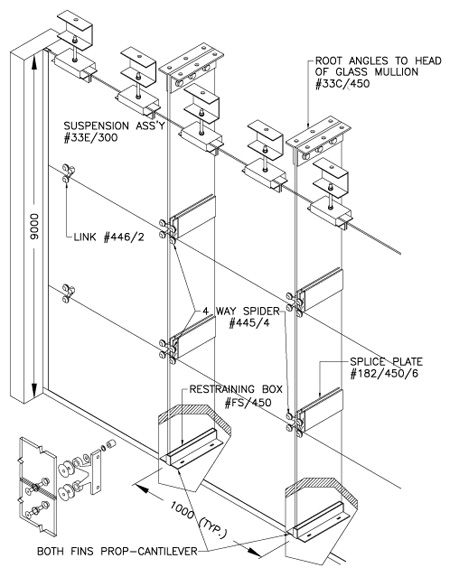 Spider Curtain Wall Detail, Spider System Curtain Wall, Glass Facade Detail, Fritted Glass, Construction Drawing, Curtain Wall Detail, Glass Facade, Warehouse Design, Glass Curtain Wall