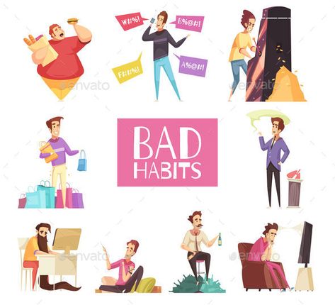 Bad Habits Set - Vector EPS Bad Habits Illustration, Obesity Cartoon, Habits Illustration, Cartoon Symbols, Leisure Lifestyle, Vector People, Childhood Obesity, Thought Process, Bad Habits