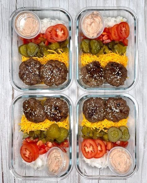 Work Meals Healthy, Bariatric Burger Recipes, Meal Prep Big Family, Big Batch Meal Prep, Meal Prep That Reheats Well, Low Carb Burger Bowl, Hamburger Lunch Ideas, Keto Lunch Ideas To Work Meal Prep, Cut Meal Prep