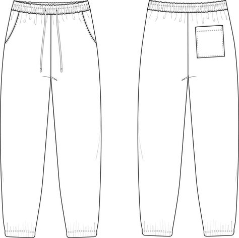 Cuff Sweatpants Flat Technical Drawing Illustration Five Pocket Classic Blank Streetwear Mock-up Template for Design Tech Packs CAD Joggers Sweat Pants Template, Sweatpants Design Template, Sweatpants Drawing Reference Male, Joggers Flat Sketch, Clothing Design Template, Clothing Templates Design, Joggers Template, Sweatpants Sketch, Joggers Drawing