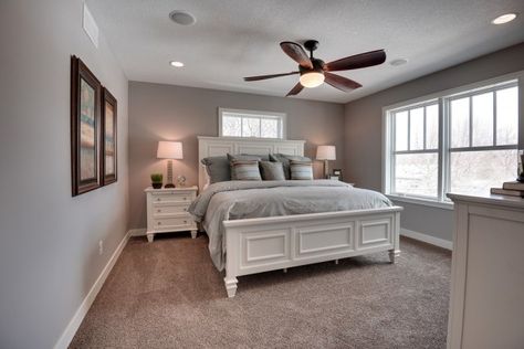 15 Marvelous Craftsman Bedroom Interior Designs For Inspiration Requisite Gray, Craftsman Bedroom, Bedroom Furniture Placement, Gray Sherwin Williams, Gray Walls, Brown Carpet, Furniture Placement, Trendy Bedroom, Bedroom Paint