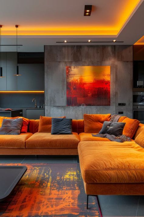 A living room with a large orange couch and a painting on the wall royalty free stock images Orange Leather Couch Living Room, Living Room Men, Men's Bedroom, Moody Living Room, Orange Couch, Leather Couches Living Room, Orange Sofa, Home Window, Wall Photo