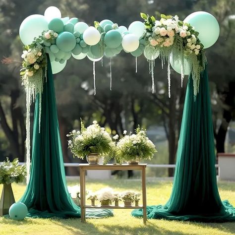 Green Wedding Arch, Party Ceiling Decor, Party Ceiling Decorations, Curtains For Arched Windows, Sheer Backdrop, Outdoor Wedding Backdrops, Wedding Arch Draping, Arch Draping, Emerald Green Wedding