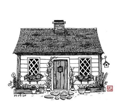 House With Porch Drawing, Cottage Pencil Drawing, Old Houses Drawing, Small House Sketch, Cottage Drawing Simple, Old House Sketch, Cottage House Drawing, Old House Drawing, Simple House Sketch