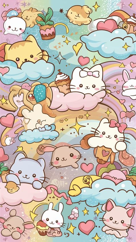 Transform your iPhone screen with this adorable and enchanting wallpaper inspired by kawaii style. Featuring a pastel-colored background adorned with smiling cartoon kittens, bunnies, and delightful little stars, this design brings a whimsical and joyful atmosphere to your device. Fluffy clouds float by, while twinkling hearts and sparkling rainbows add to the magic. Charming details like bows, cupcakes, and tiny plants complete the vibrant and cheerful aesthetic, making it the perfect choice to brighten up any smartphone screen with happiness and playfulness. Cartoon Kittens, Cheerful Aesthetic, Enchanting Wallpaper, Wallpaper Fofo, Nice Wallpaper, Pastel Iphone Wallpaper, Happy Wallpaper, Floral Wallpaper Phone, Fluffy Clouds